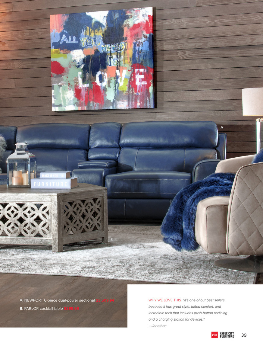 Value City Furniture VCF Fall 2018 Look Book Newport 6 Piece Power Reclining Sectional with 3 Reclining Seats Blu